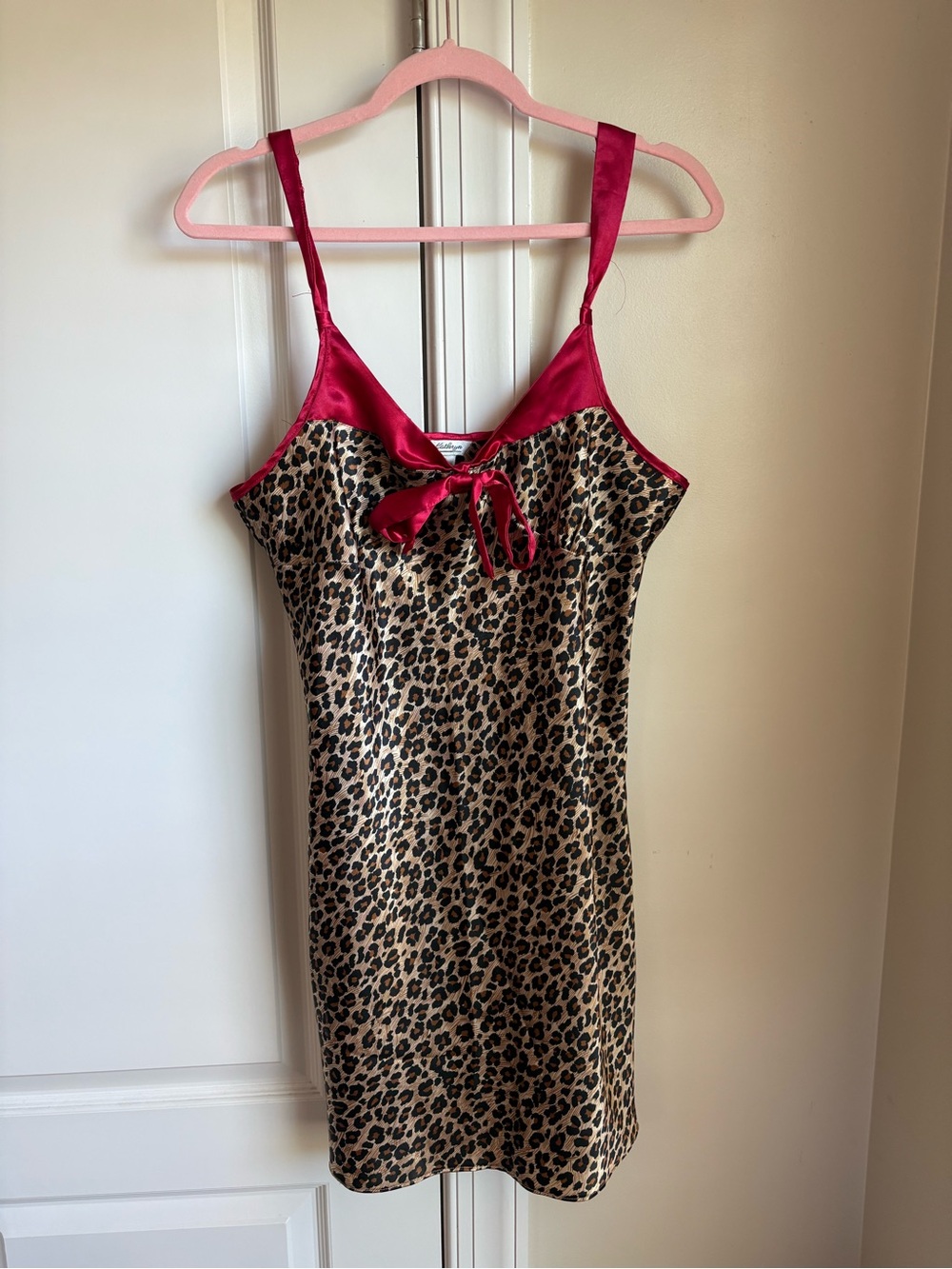 Leopard Print Satin Chemise with Burgundy Trim